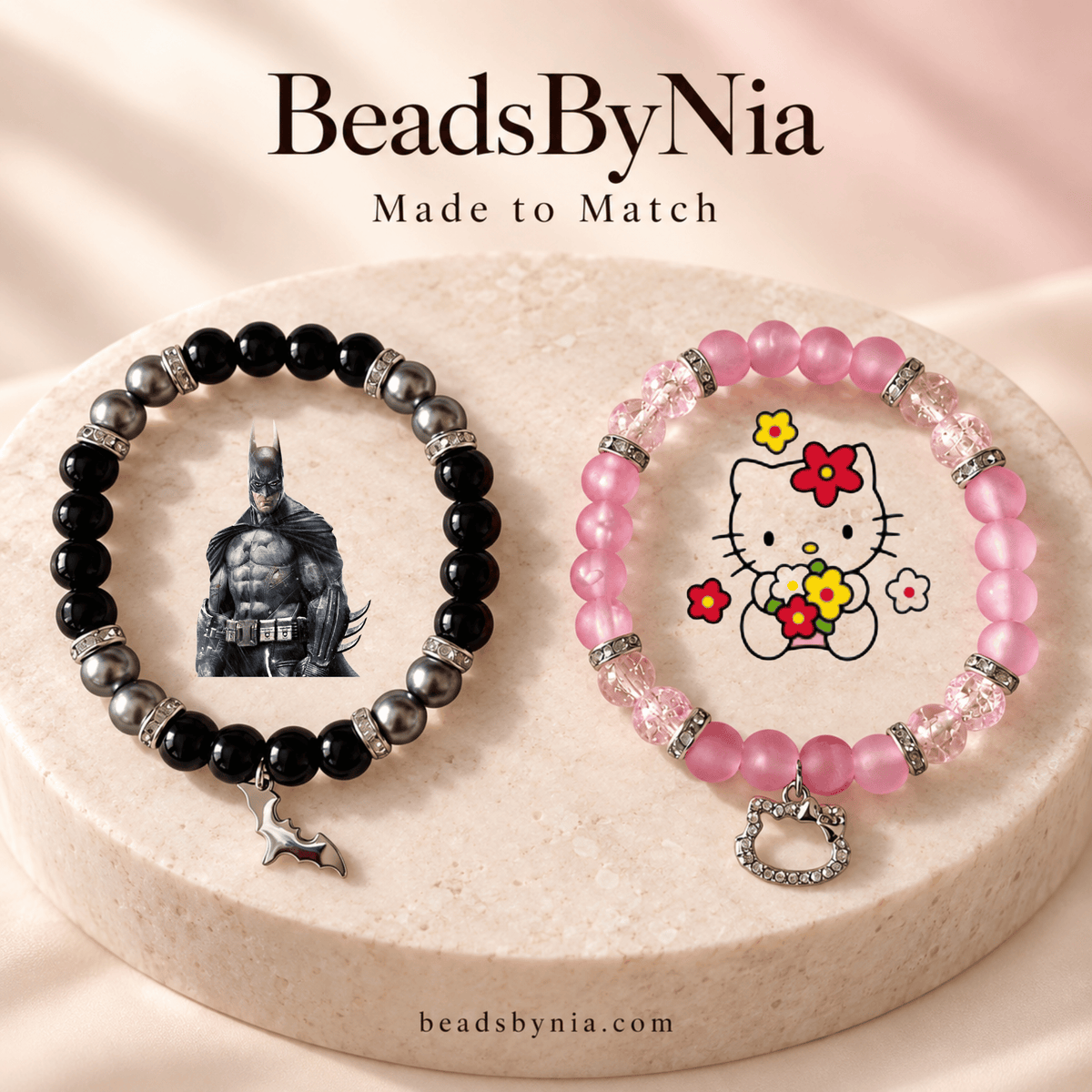 Batman and Hello Kitty bracelet set in a gift box with a pink bow and card - Beads by Nia