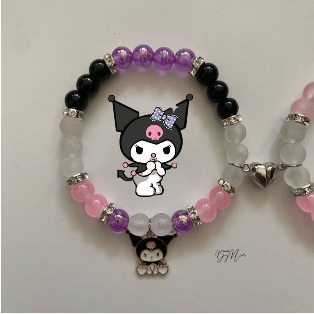 Kuromi bracelet in purple, black and clear beads with a Kuromi charm - Beads by Nia