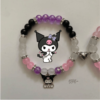 Kuromi bracelet in purple, black and clear beads with a Kuromi charm - Beads by Nia