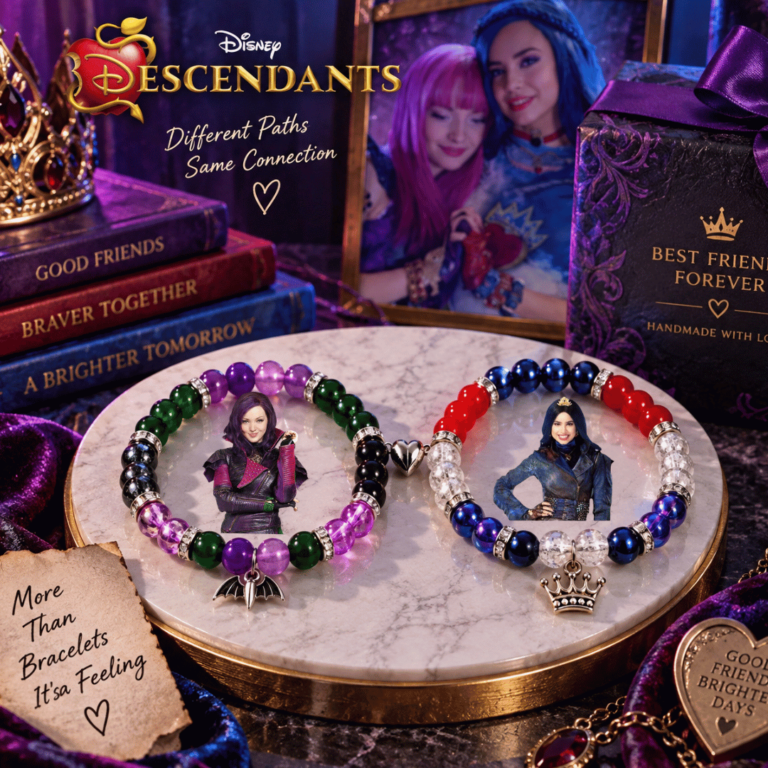 Mal and Evie Descendants bracelets on a gold tray with crown charms - Beads by Nia