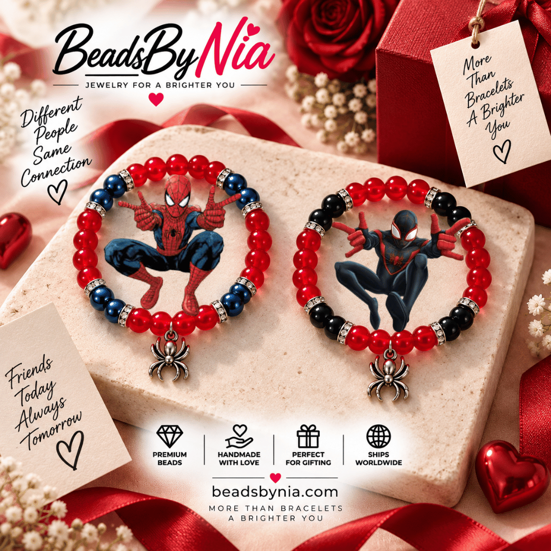 Spiderman and Miles Morales matching bracelets in a cream gift box with ribbon - Beads by Nia