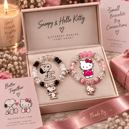 Snoopy and Hello Kitty bracelet set in a pink gift box with a satin ribbon - Beads by Nia