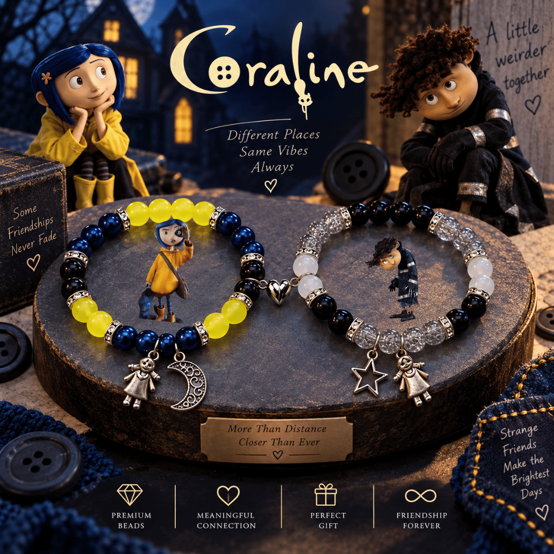 Coraline and Wybie bracelets on a wooden stand with button themed decor - Beads by Nia
