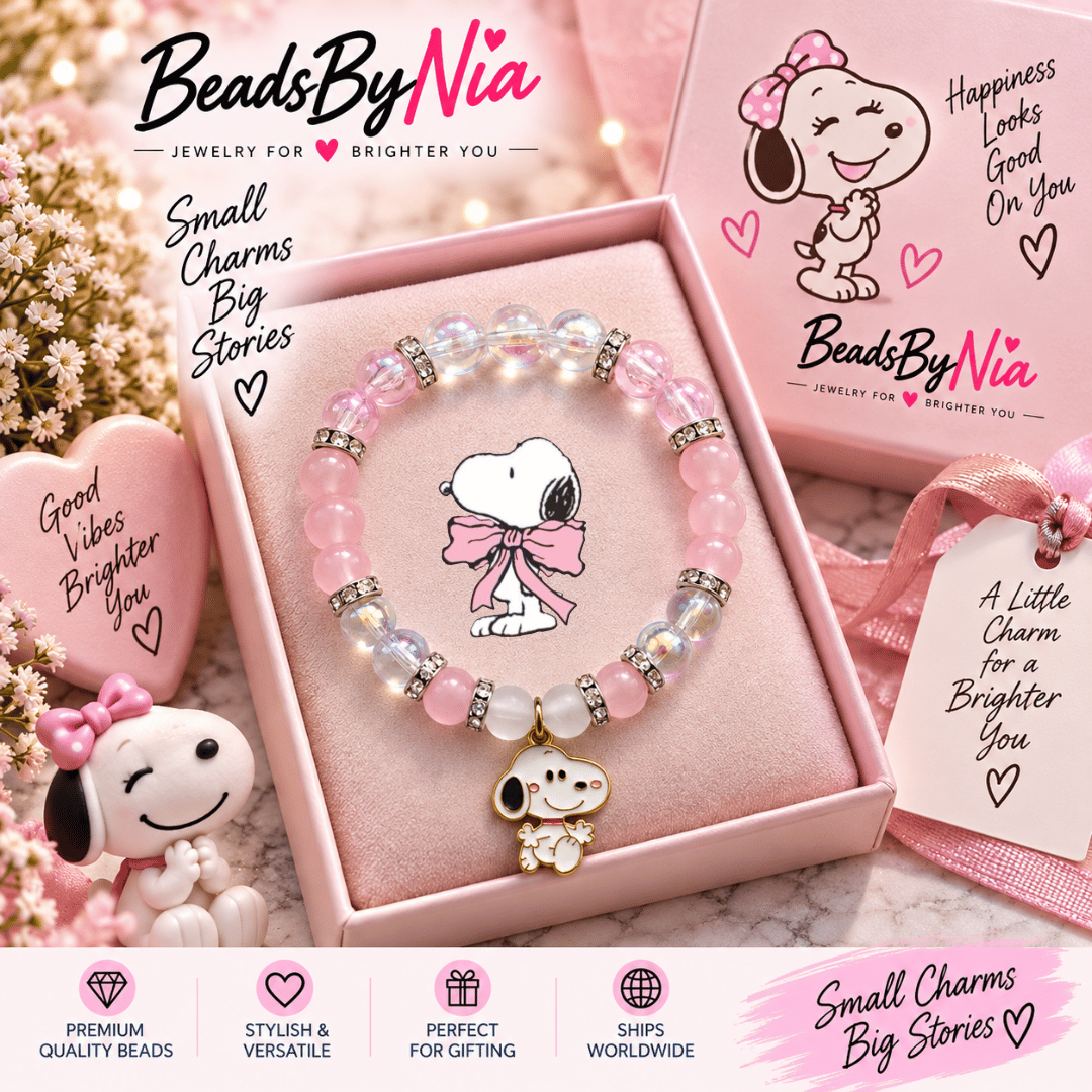 Pink Snoopy bracelet in a pink gift box with a Snoopy plush and cards - Beads by Nia