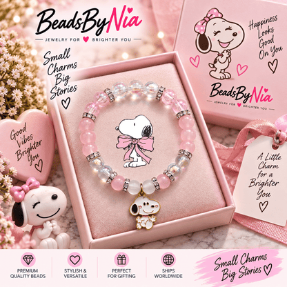 Pink Snoopy bracelet in a pink gift box with a Snoopy plush and cards - Beads by Nia