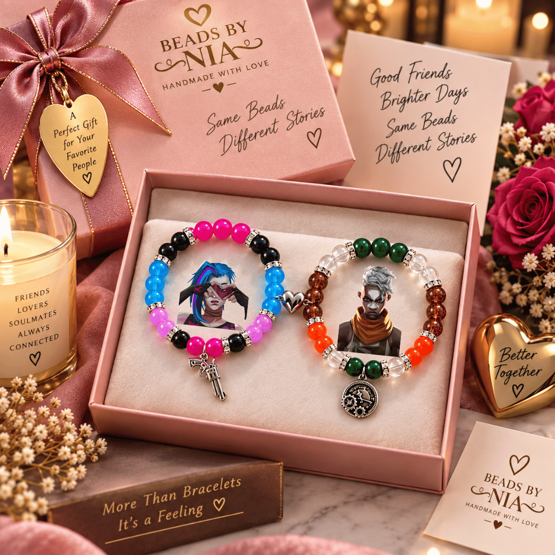 Jinx and Ekko matching bracelets boxed with a rose and gold gift tag - Beads by Nia