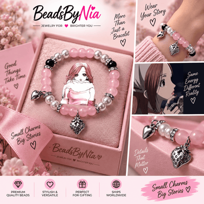 Hachi single bracelet in pink and pearl beads with photo charm and heart pendant