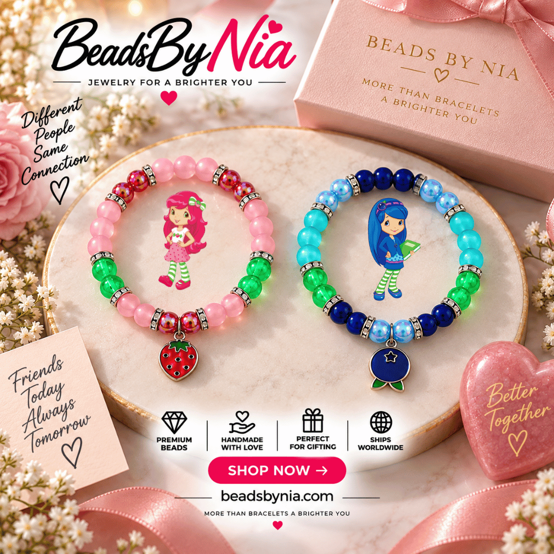 Strawberry Shortcake and Blueberry Muffin bracelets with character art and charms - Beads by Nia
