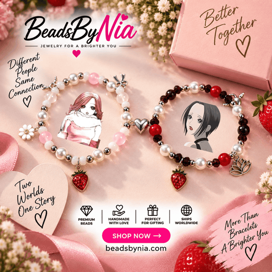 Nana and Hachi matching bracelets in red and pink with photo charms on pink pearls
