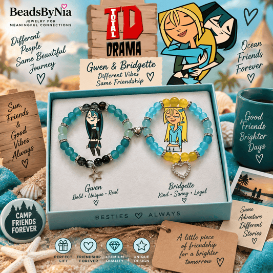 Gwen and Bridgette Total Drama bracelets in teal and blue in a gift box - Beads by Nia