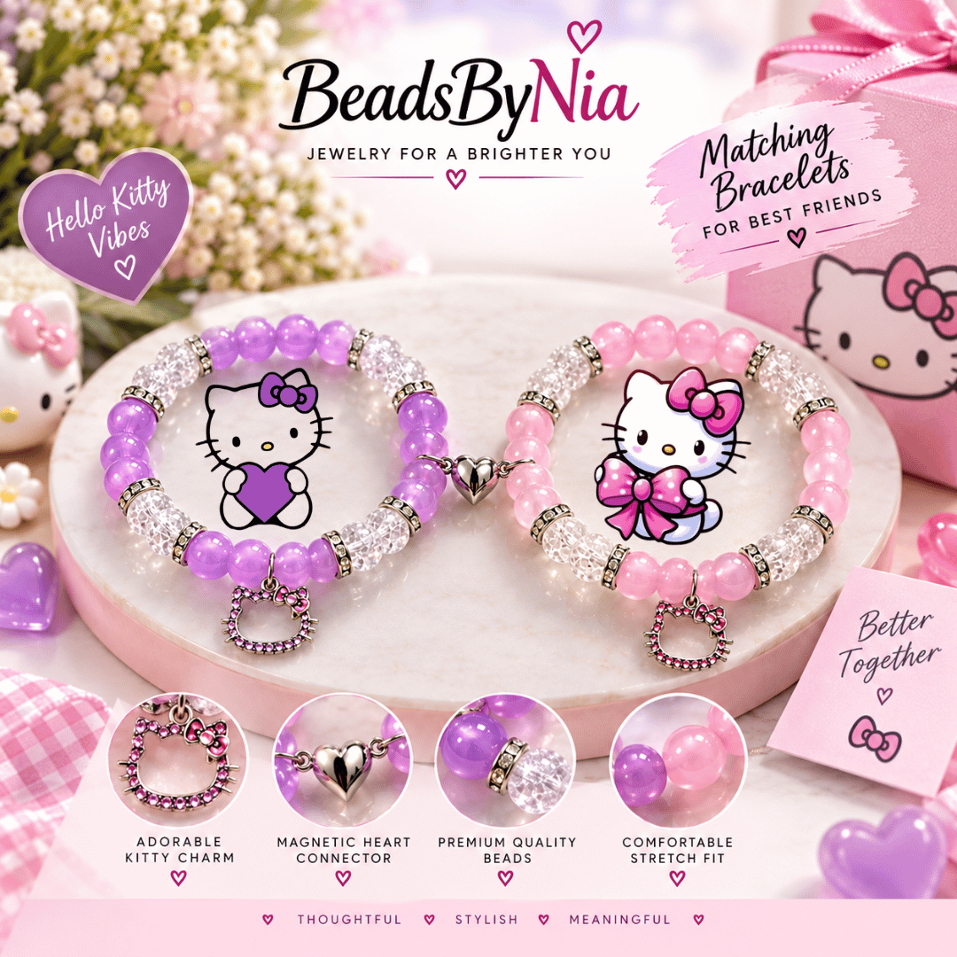 Purple and pink Hello Kitty bracelets with a magnetic heart connector - Beads by Nia