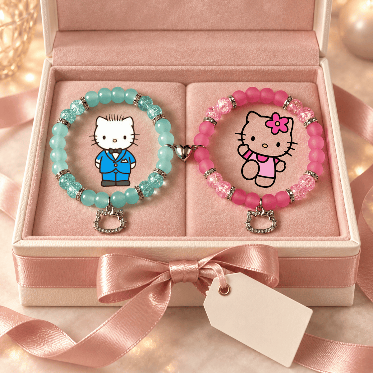 Hello Kitty and Dear Daniel bracelets in a pink gift box with satin ribbon - Beads by Nia