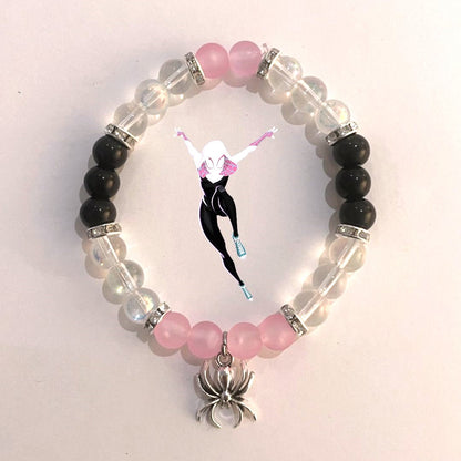 Gwen Stacy bracelet in pink, black and clear beads with a silver spider charm - Beads by Nia