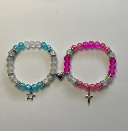 Blue and pink beaded bracelets with silver star and cross charms - Beads by Nia
