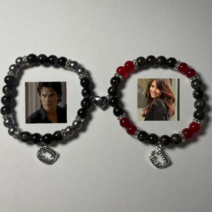 Black and red Vampire Diaries bracelets with Damon and Elena photo charms - Beads by Nia