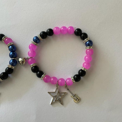 TV Girl bracelet in blue, black and pink beads with silver star charm - Beads by Nia