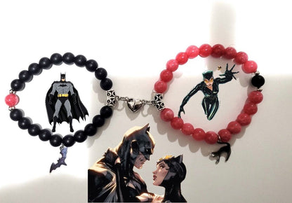 Batman and Catwoman matching bracelets in black and red with silver charms - Beads by Nia