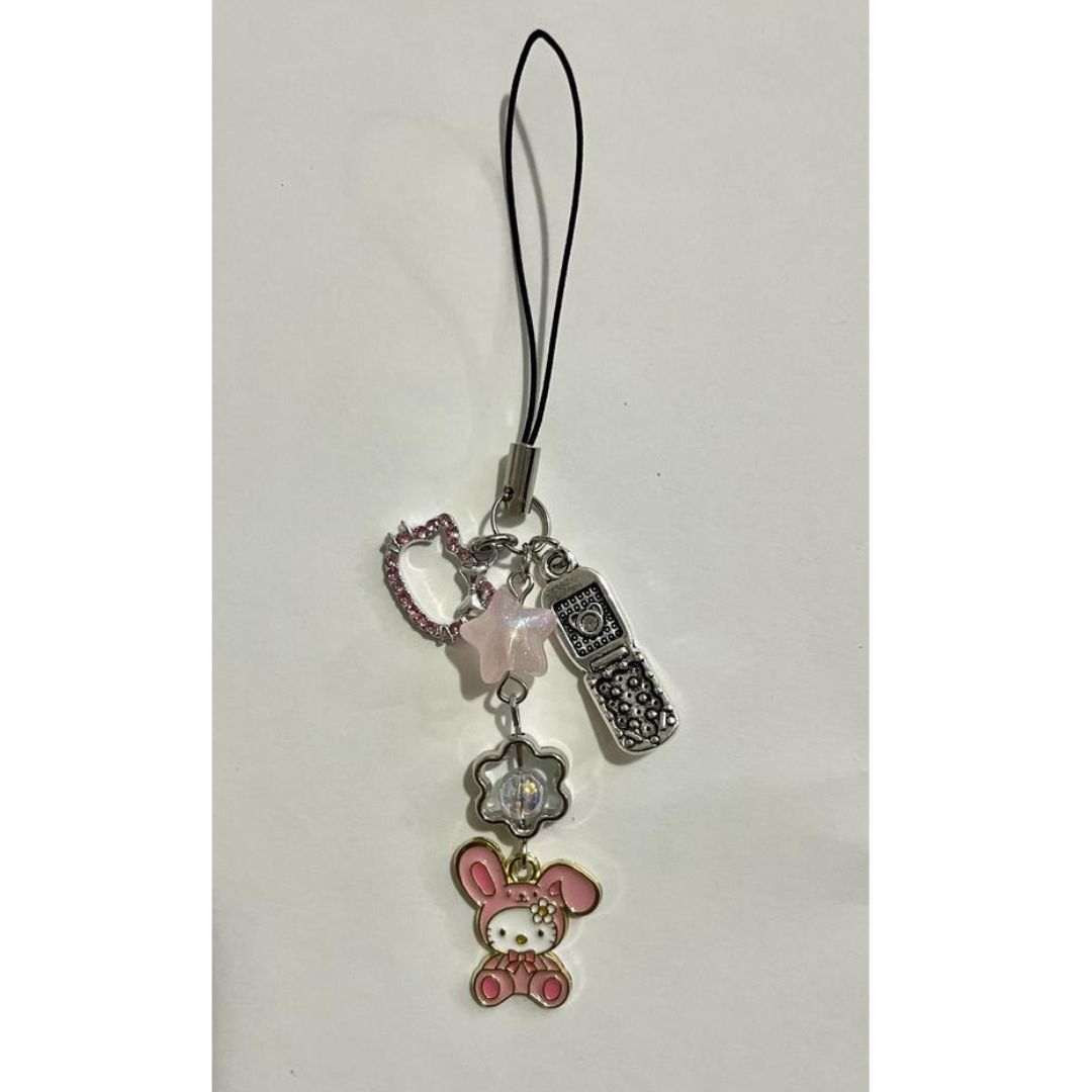Hello Kitty phone charm with pink beads, bunny pendant and silver charms - Beads by Nia