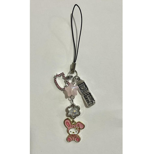 Hello Kitty phone charm with pink beads, bunny pendant and silver charms - Beads by Nia