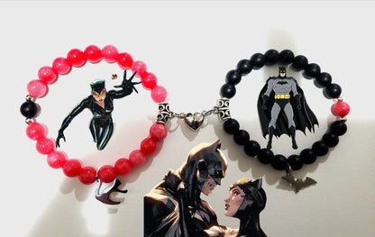 Batman and Catwoman couples bracelets with character art and bat and cat charms - Beads by Nia
