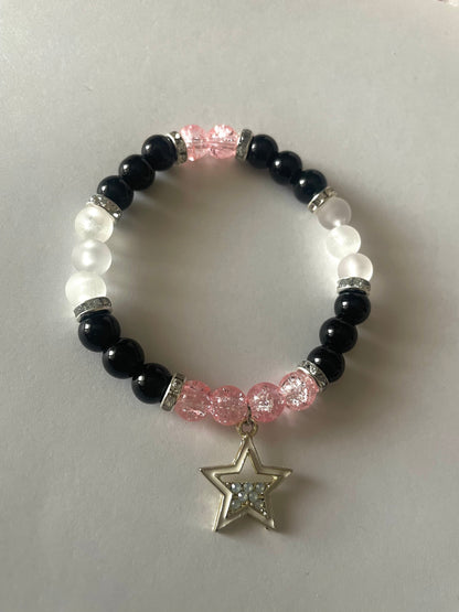 Faiyaz bracelet in black, white and pink beads with a silver star charm - Beads by Nia