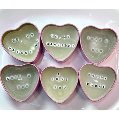 Six pink heart tin secret message candles with hidden love and birthday messages - Beads by Nia