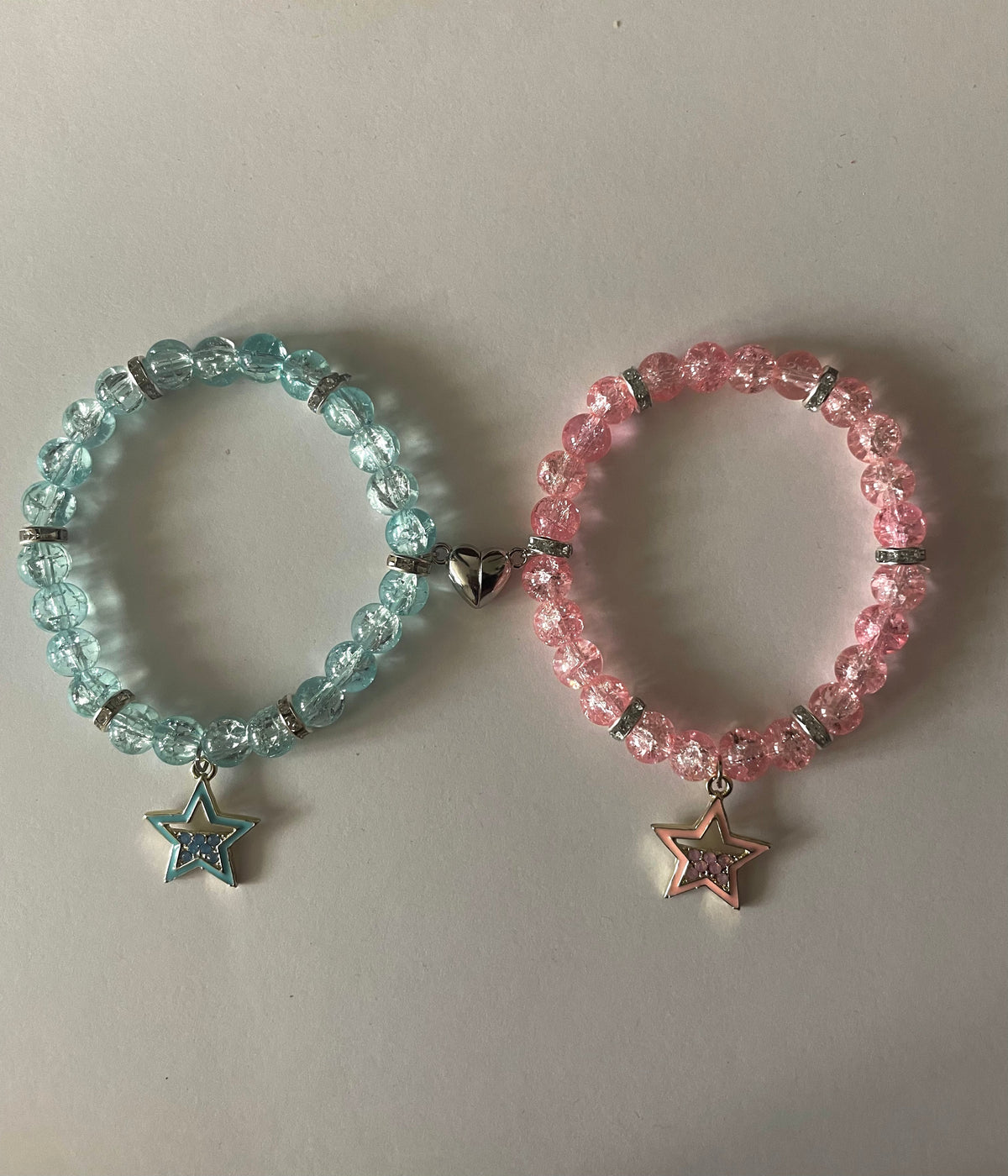 Blue and pink matching star bracelets with silver star charms, BFF pair - Beads by Nia