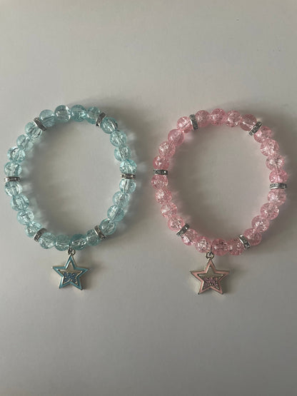 Pastel blue and pink crackle bead bracelets with silver star charms - Beads by Nia
