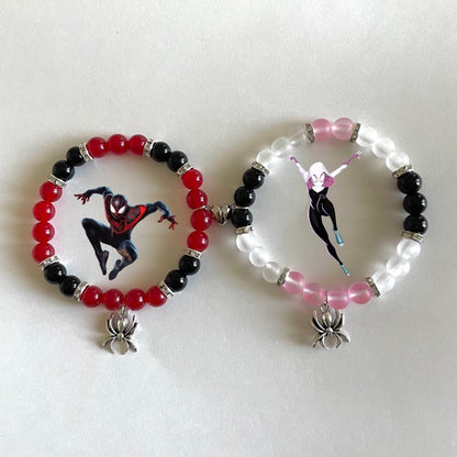 Miles and Gwen matching bracelets in red and pink with silver spider charms - Beads by Nia