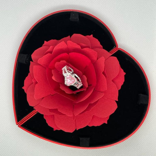 Heart promise ring set inside a red paper rose heart gift box - Beads by Nia