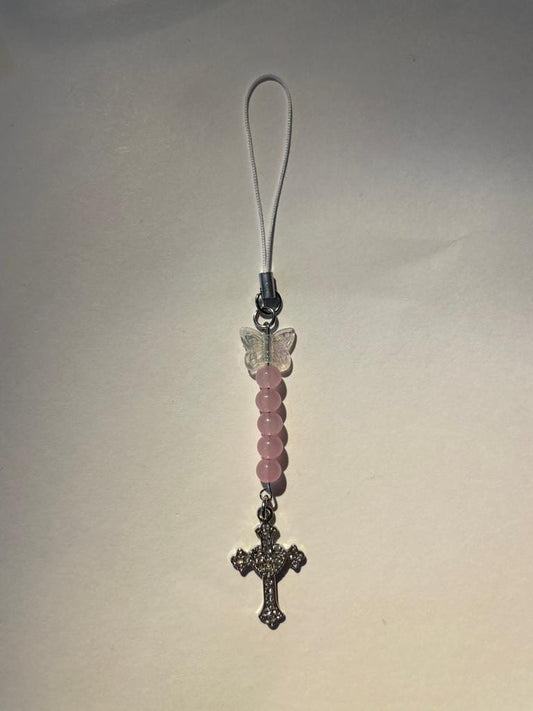 Pink beaded cross phone charm with silver cross pendant and strap - Beads by Nia