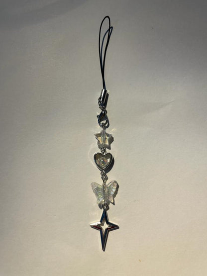 Silver butterfly, heart and star phone charm on a black strap - Beads by Nia