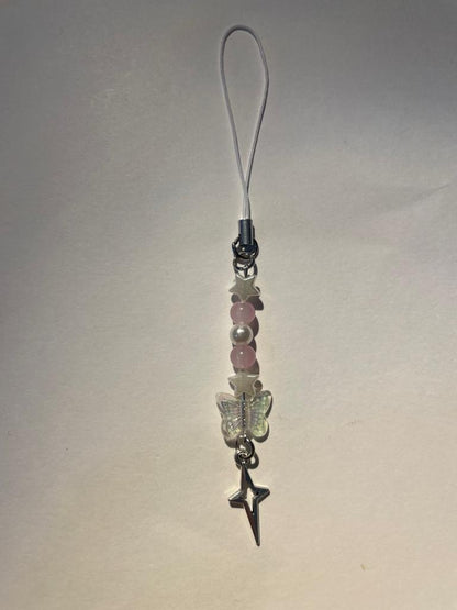 Pink beaded phone charm with butterfly and star pendants, handmade accessory - Beads by Nia